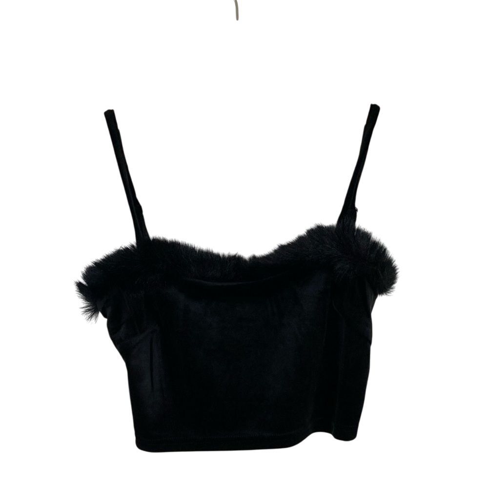 Kittenish Square Neck Crop Tank Womens Size M Black‎ Velvet Feather Trim